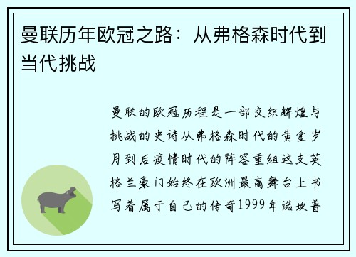 曼联历年欧冠之路：从弗格森时代到当代挑战