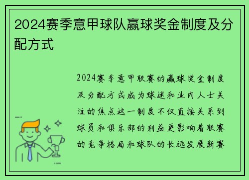 2024赛季意甲球队赢球奖金制度及分配方式